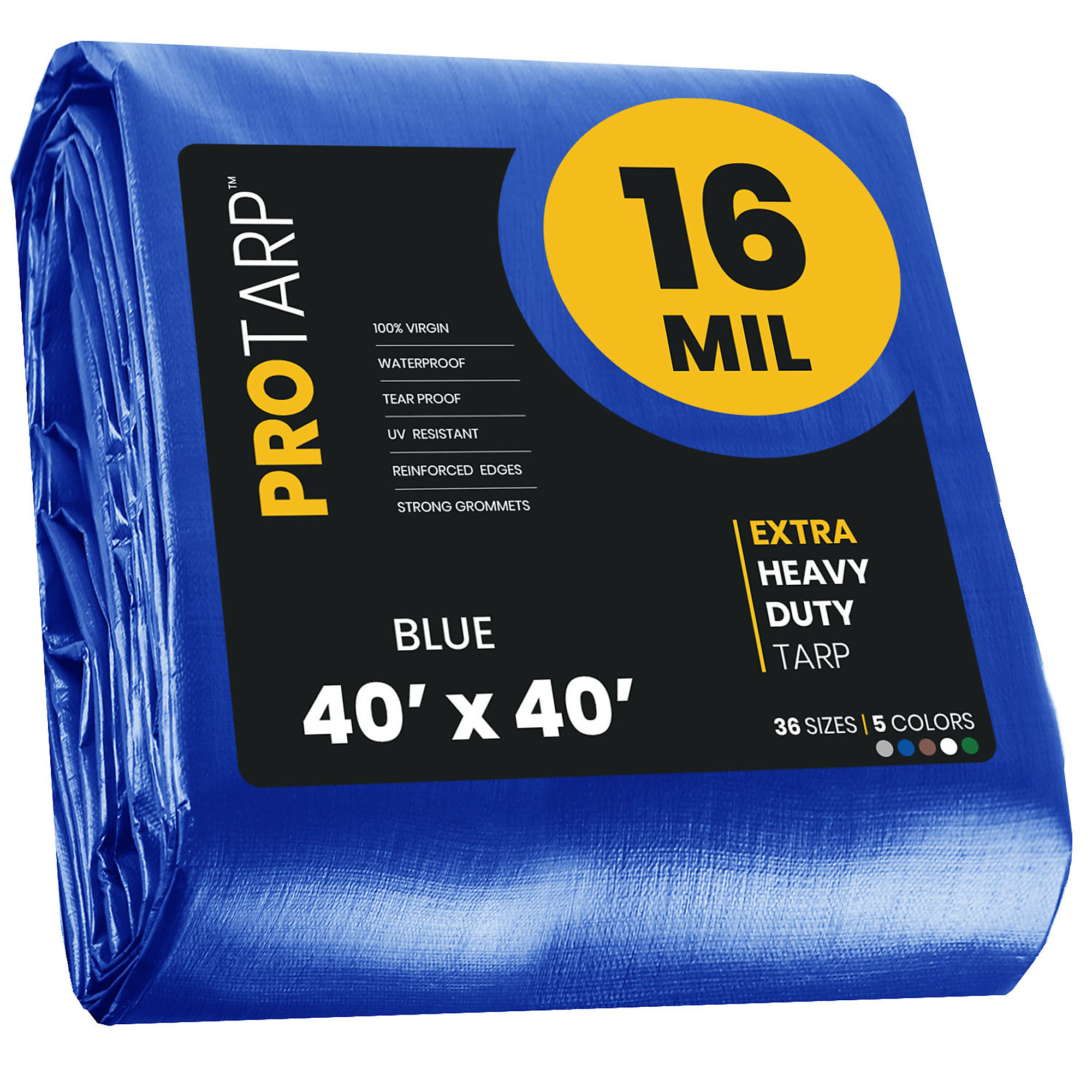 Protarp Extra Heavy Duty 16 Mil Tarp Cover — 40ft. x 40ft., Waterproof, UV Resistant, Rip and Tear Proof, Reinforced Edges, Blue, Model# PT-105-40X40